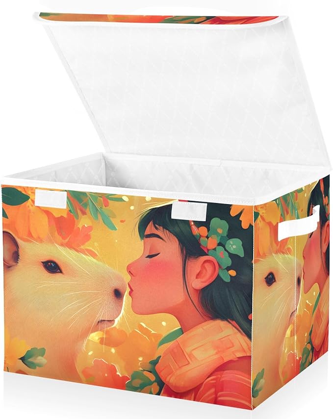 Storage Cube with Lid Capybara and Lady Print 16.5×12.6×11.8 IN Collapsible Large Capacity Foldable Storage Basket Bin Organizer