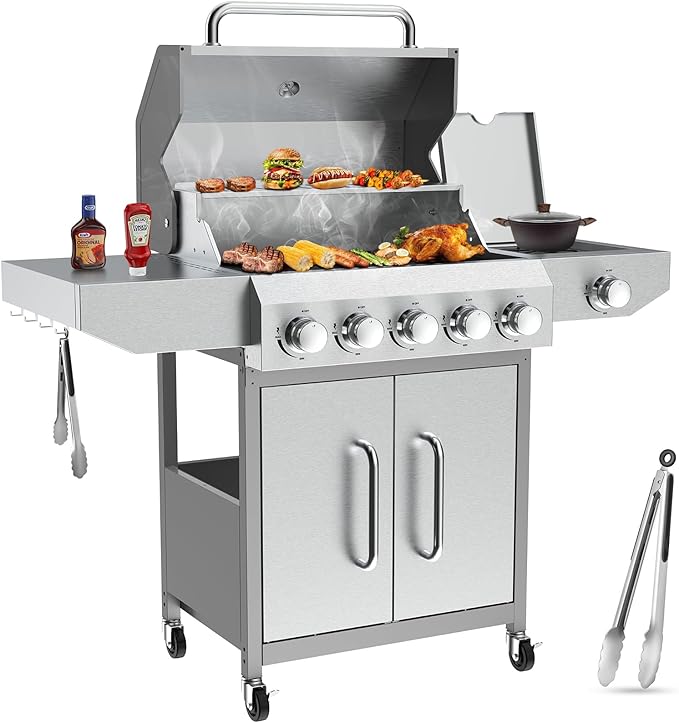 Llamaviva 5 Burner Propane Gas Grill with Side BurnerStainless Steel BBQ Grill with Porcelain-Enameled Cast Iron Grates 68000 BTU Cabinet-Style Cart Design for Outdoor Patio Barbecue- food clip