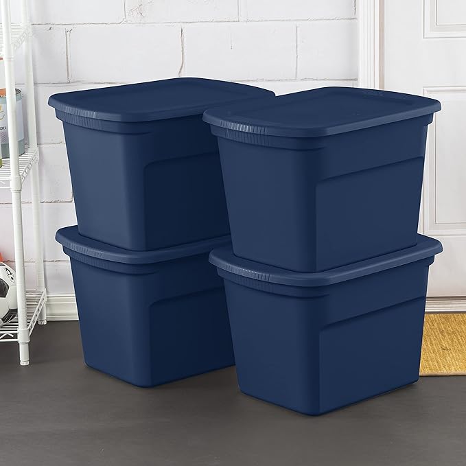 Sterilite 18 Gal Storage Tote Stackable Bin with Lid Plastic Container to Organize Clothes in Closet Basement Blue Base and Lid 8-Pack