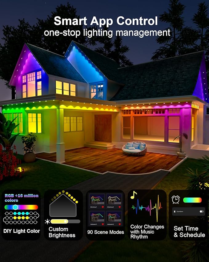 Permanent Outdoor Light Pro 100ft with 72 RGB+IC LED Lights 90 Scene Modes AI Light Design IP67 Waterproof for Halloween Christmas Decor and Daily Lighting Work with Alexa Google