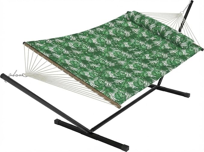 Hammock with Stand 2 Person Heavy Duty Hammock with Soft Pillow &amp Balance Ropes Stand Alone Hammock Portable Outdoor Hammock for PatioBeach Backyard（Green with Leaves Pat）