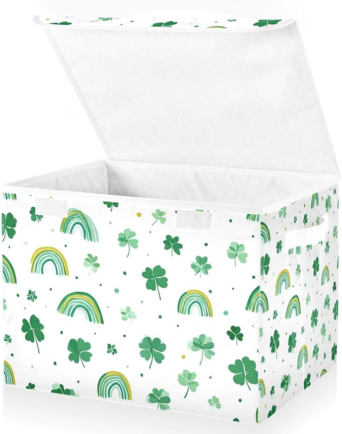 Collapsible Storage Bins with Lids Decorative Fabric Storage Cubes Closet Organizer and Storage Basket Boxes Containers for Clothes Box Chest Nursery Folding Rectangle Green Shamrock Rainbow