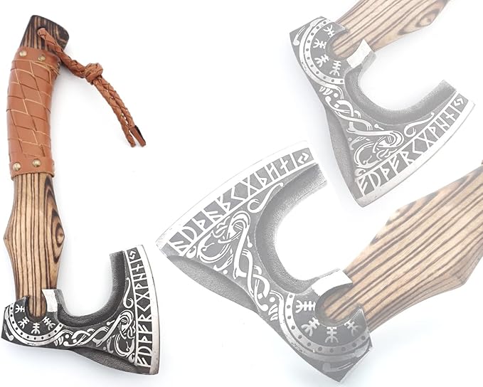 13” Inch Viking Axe- Ash Wood Handle Hatchets and Axes with Leather Wrap Wood Splitting Axe Camping Axe Throwing Axes and Tomahawks - Gift for Father’s Day Husband(Rare Viking)
