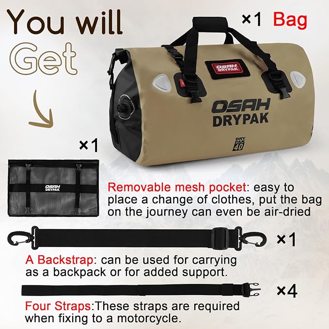 Waterproof Duffel Bag - Motorcycle Dry Bag Tail Bag with Large Storage Space Waterproof Luggage Duffle Bags with Outer Mesh Zipper Pocket for Camping Kayaking Fishing &amp Traveling