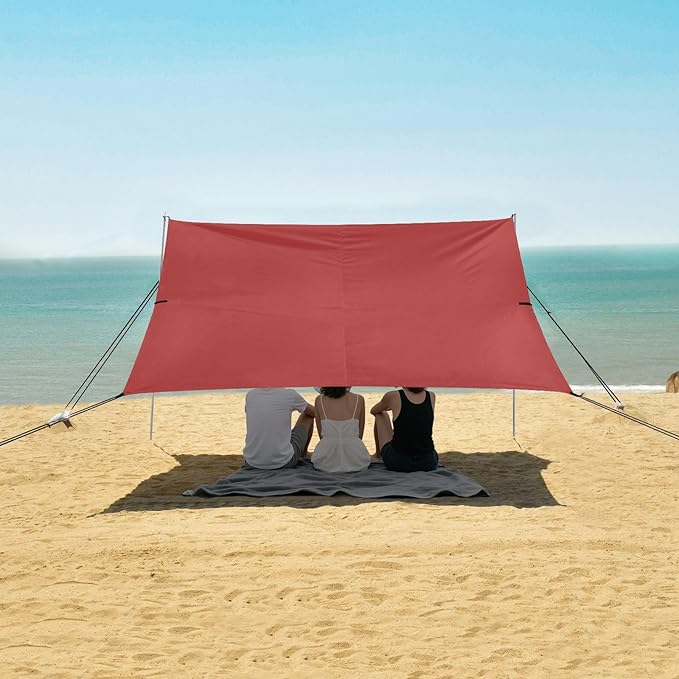 Brown Red Foldable Beach Canopy UPF50 Water-Resistant Large Sun Shelter with Sturdy Poles Sandbags and Shovel for Backyard and Camping