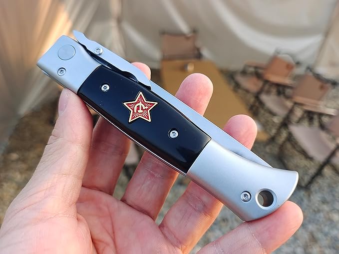 Russian Finka-NKVD KGB Folding Pocket Knife3.74 Mirror Polished X12M Steel BladeAviation Aluminum Inlaid Resin HandleCowhide Sheath (Beige handle)