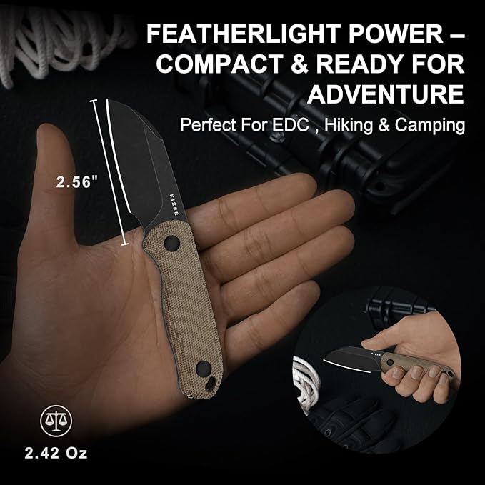 Kizer Drop Bear Fixed Blade Knife 2.56 AEB-L Blade EDC Camping Knife with Norplex UltreX™ Brown Micarta Handle &amp Built-in Tools Small Hunting Survival Knives with Adjustable Kydex Sheath 1093A