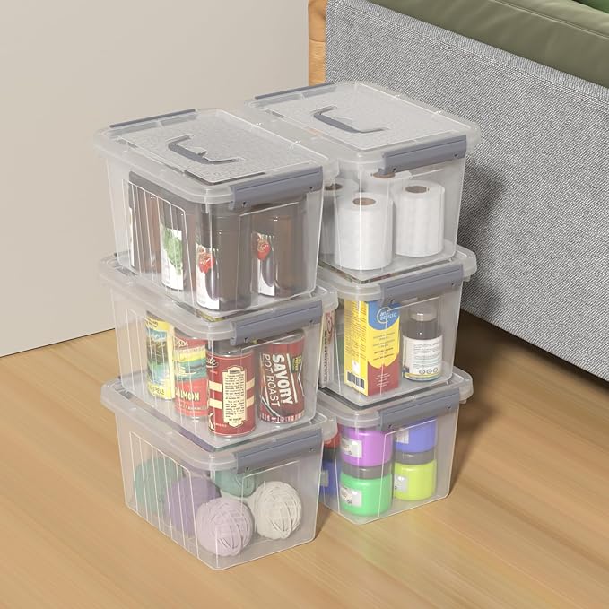6 Quart Clear Latching Bins with Handle Small Plastic Storage Boxes with Lids 6 Packs