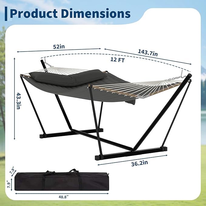 2 Person Outdoor Hammock with Stand 450LBS Capacity Heavy Duty Hammock with Carrying Bag &amp Soft Pillow Portable Indoor Outdoor Hammock Perfect for Backyard Patio Beach