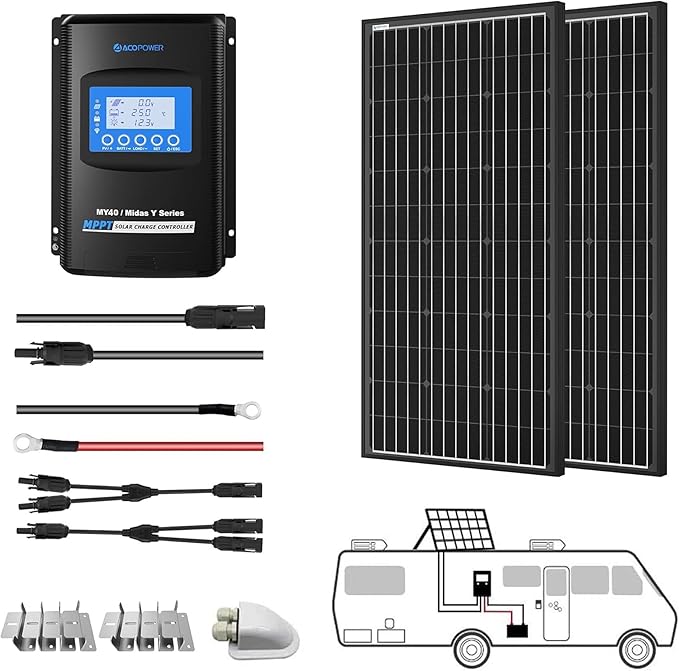 ACOPOWER 200 Watts 12/24 Volts Monocrystalline Panel Solar RV Kits with 30A MPPT LCD Charge Controller/Mounting Brackets/Y Connectors/Solar Cables/Cable Entry housing （2x100W Kit）