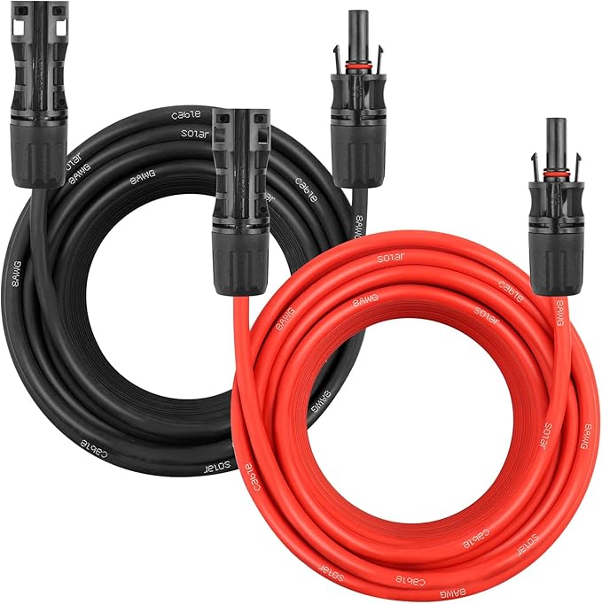 Solar Panel Extension Cable - 8AWG 50FT Solar Wire Cord 8 Gauge PV Wire with Female &amp Male Waterproof Connector for RV Photovoltaic Systems Home Boat Solar Panels Car(50ft Red + 50ft Black)