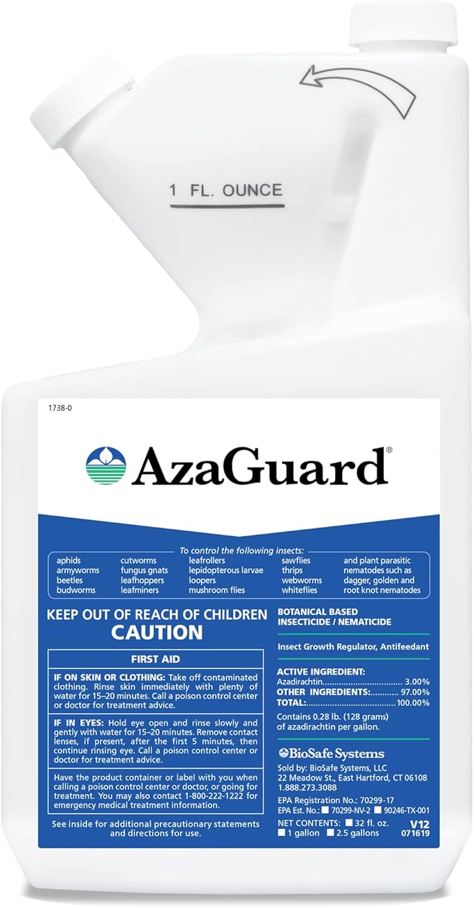 AzaGuard Botanical Insecticide Nematicide Concentrate - 32 oz - OMRI Listed - Organic - EPA Registered. 3 Percent Azadirachtin Formulated Insect Growth Regulator (IGR) - Insect Control
