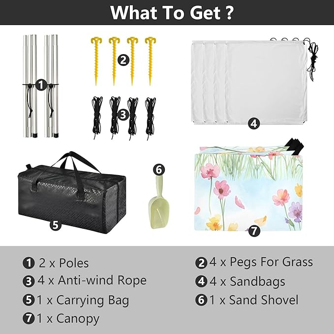 Flowers Beach Canopy Sun Shelter with Sandbags &amp Sand Shovel &amp Windproof Ropes - Portable 110x126 Beach Shade Beach Tent for Camping Picnics