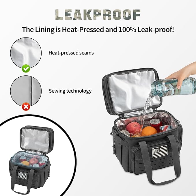 QT&ampQY Tactical Lunch Box for Men Expandable 18L Heavy Duty Military Insulated Cooler Bag Leakproof Thermal Lunch Bag for Work Camping Outdoor Picnic Pail Adult Meal MOLLE Webbing Black