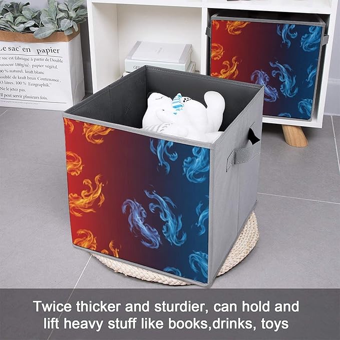 Fabric Storage Bins with Handles Yellow Blue Ice Fire Foldable Collapsible Cube Organizer for Shelves Multi-Purpose Box for Bedroom Living Room Closet