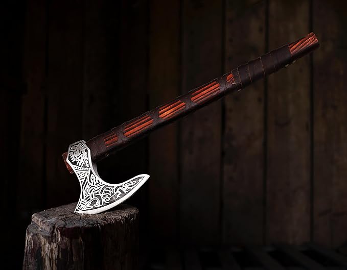 Generic KnifeArt Viking Axe Carbon Steel Blade Viking Style with Leather Wrap Length 22 inches(Brown) Camping Axe