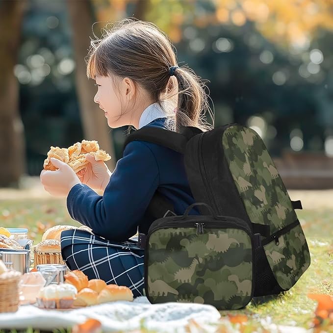 Green Camo Backpack with Lunch Box Dinosaur Bookbag with Adjustable Shoulder Strap Lightweight School Bag for Men Lightweight Satchel Bag for Travel