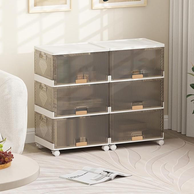 Giantex 3 Tier Stackable Storage Bins with Lids 13.5 Gal Foldable Shoe Storage Box with Detachable Wheels &amp Flip-Up Doors Collapsible Closet Organizers and Storage Bins