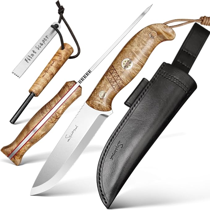 outdoor survival fixed blade camping with Fire Starter Sandvik 14C28N steel blade with leather cover suitable for outdoor hunting and hiking