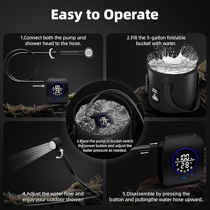 8000mAh Portable Camping Shower Upgrade Rechargeable Electric Shower Pump with 5 Gallon Bucket Intelligent LED DisplayPortable Shower for Outdoor
