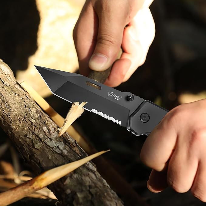 Vickay Pocket Knife Folding Knife with Clip - 3.54″ Black Serrated Steel Blade Wood Handle EDC Knife for Men &amp Women Outdoor Camping Tactical Hunting Hiking Survival - Father’s Day Gift