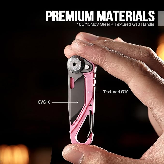 TACRAY Vinto 5-in-1 Small Pocket Knife – Ultra-Light Compact Multitool with Utility Knife Seatbelt Cutter Bottle Opener Flathead Screwdriver &amp Keyring Attachment for Everyday Carry (Pink)