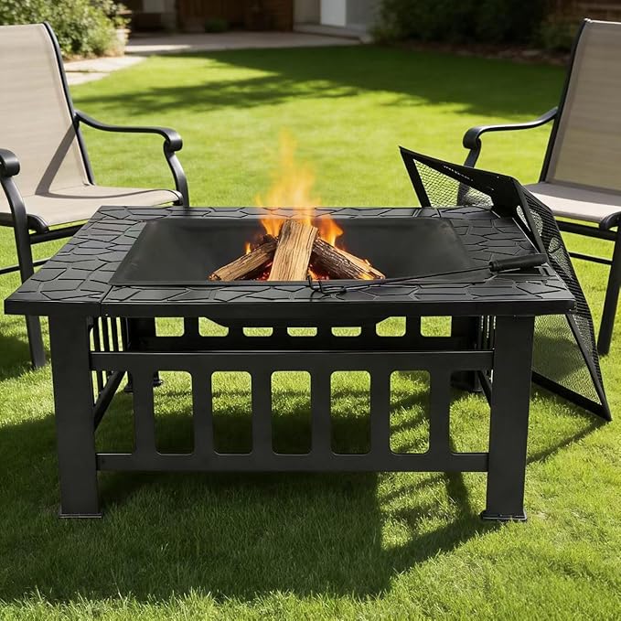 ZENY 32 inch Outdoor Fire Pit with Grill for Outside Wood Burning Square Metal Outside Fireplaces Spark Screen and Poker Included for Backyard Patio Camping Bonfire