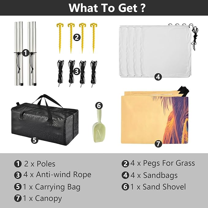 Highland Cow Orange Beach Tent Sun Shelter Set UPF50+ UV Protection 10.5 x 9.19 FT Camping Shade Canopy with Sandbags Sand Anchors Carrying Bag and Others