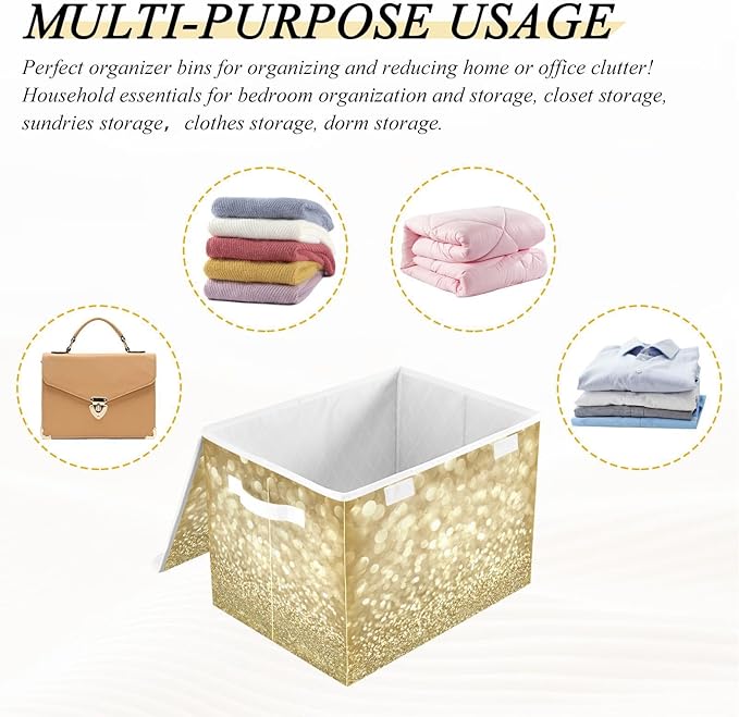 Golden Glitter Yellow Fabric Storage Boxes with Lid and Handles Foldable Storage Bins Organizers Cube Basket for Closet Home Office 1 Pc
