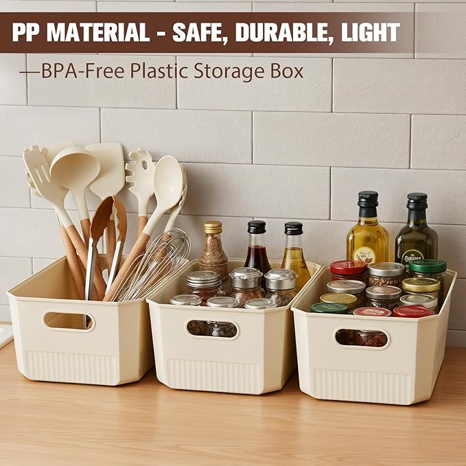 ANMINY 8PCS Plastic Storage Bins Containers with Lids Large Storage Organization Bins Boxes Lidded Plastic Storage Baskets for Closet Shelves Desktop Ivory Lids 1XL + 1L + 2M + 4S