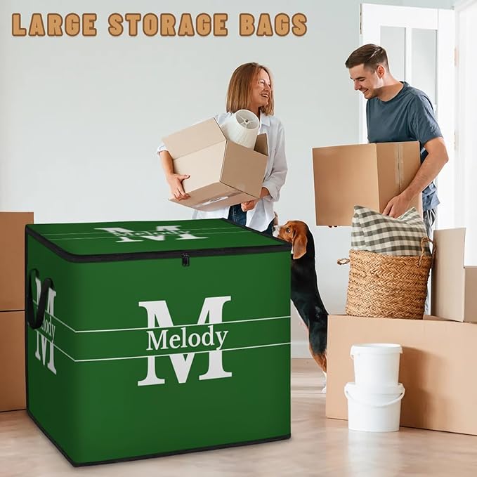 Personalized Storage Bags with Lid Large Blanket Clothes Organization and Storage Containers for ComfortersBedding Foldable Organizer with Reinforced Handle Forest Green with Initial Letter