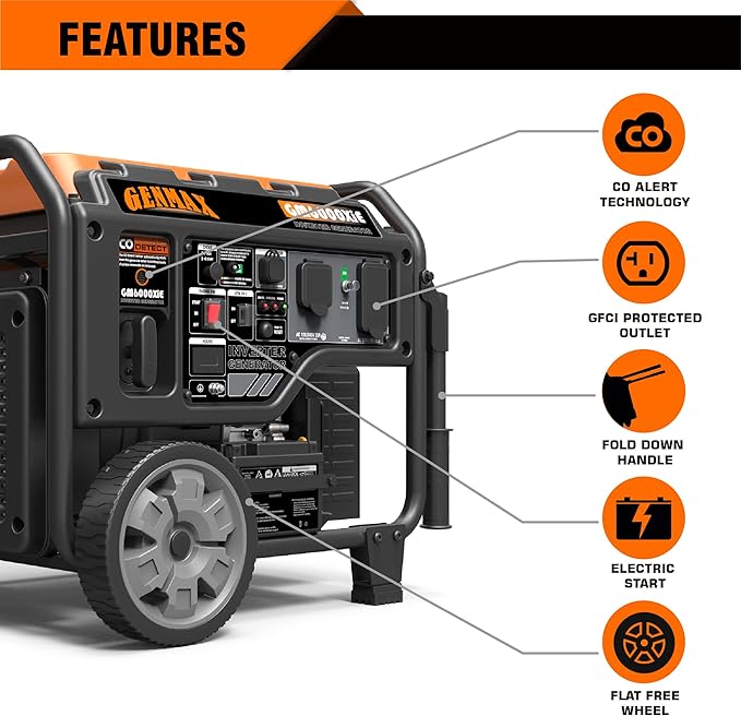 GENMAX Portable Inverter Generator 6000W open frame Gas Powered High Speed Engine with Electric Start Ultra Lightweight for Backup Home Use &amp Job SiteEPA Compliant (GM6000XiE)