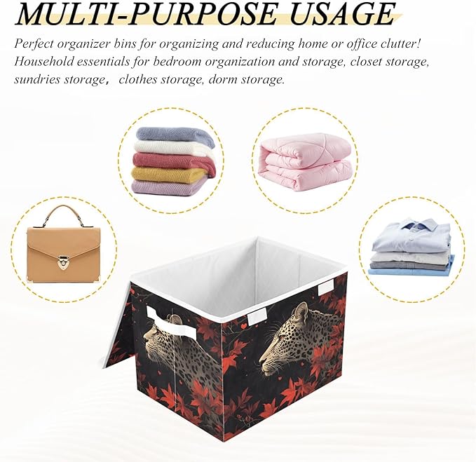 AIXIWAWA Lidded Storage Cube (Leopard Leaves) Fabric Foldable Closet Bins with Flip Lid and Handles Organizer Basket Container 16.5 x 12.6 x 11.8 IN