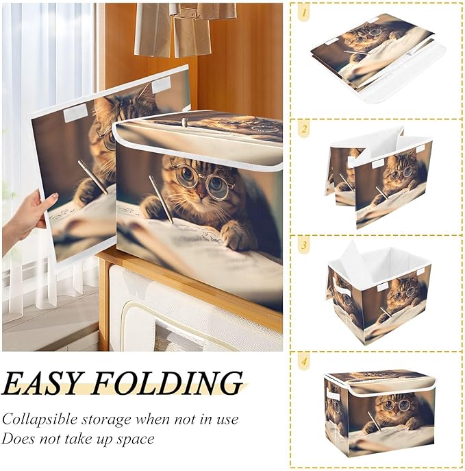 AIXIWAWA Lidded Storage Cube (Cat Reading) Fabric Foldable Closet Bins with Flip Lid and Handles Organizer Basket Container 16.5 x 12.6 x 11.8 IN
