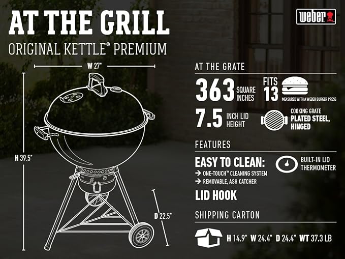 Weber Original Kettle Premium Charcoal Grill 22-Inch Black – Outdoor BBQ Grill with Built‑In Thermometer Heat Control Dampers &amp One‑Touch™ Cleaning System