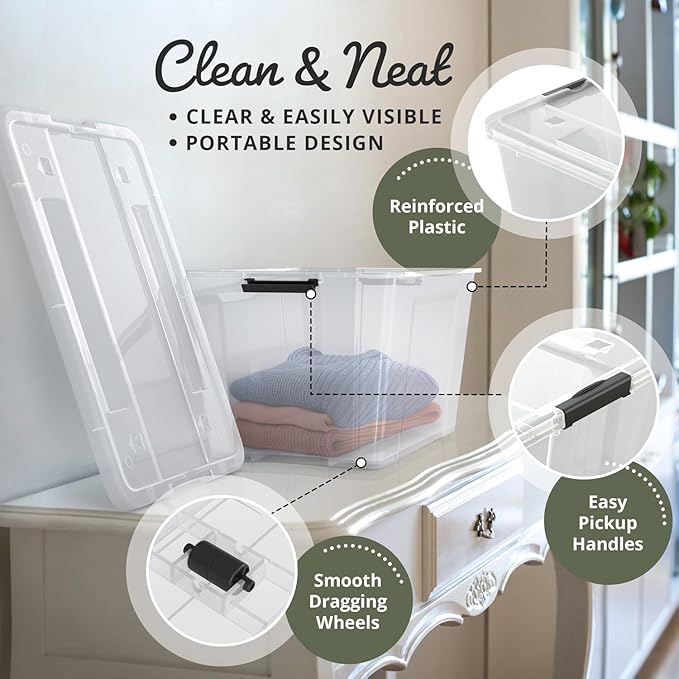 Lifetime Appliance Parts 6 PACK 54 Qt. Plastic Storage Bin Tote Organizing Container with Ultra Durable Lid &amp Secure Latching Buckles Stackable Extra Strength Clear w/Black Handle