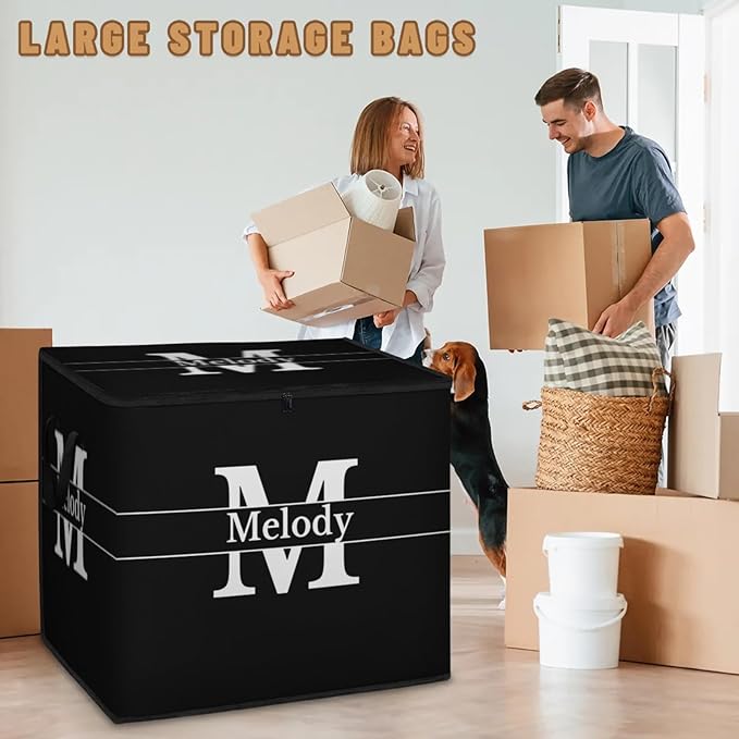 Custom Name Storage Bin with Lid Personalized Extra Large Black Storage Basket with Handles Zippers for Organizing Comforters Blankets Bedding Closet Shelf Baskets Initial Letter
