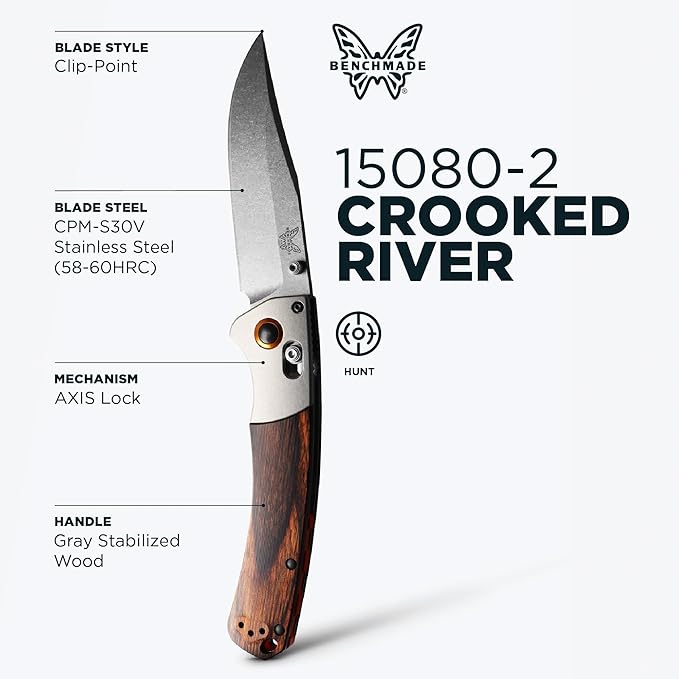 Benchmade - Crooked River 15080 EDC Knife with Gray Aluminum &amp Wood Handle (15080-2)