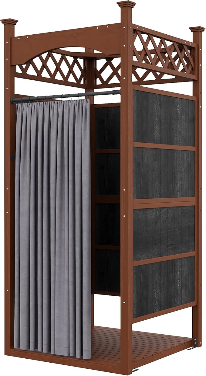 Outdoor Shower Enclosure with Shower Mat &amp Curtain Solid Wood Privacy Outside Shower Stall Outdoor Changing Room for Pool Wash Station Patio or Beach Rinse Station