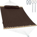 GAFETE Hammock 2 Person Quilted Fabric Hammocks for Outside Double 12ft Hammocks with Spreader Bar Large Removable Pillow Storage Bag Carabiners Max 475 lbs Capacity (Coffee)