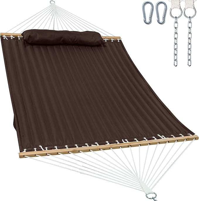 GAFETE Hammock 2 Person Quilted Fabric Hammocks for Outside Double 12ft Hammocks with Spreader Bar Large Removable Pillow Storage Bag Carabiners Max 475 lbs Capacity (Coffee)