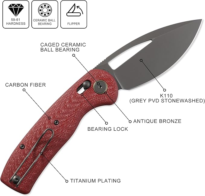 Petrified fish PFP13 Viper Folding Knife3.5 K110 Steel Stonewashed Blade Carbon Fiber Handle Pocket Knife for Camping EDC Outdoor (Red Stonewashed)