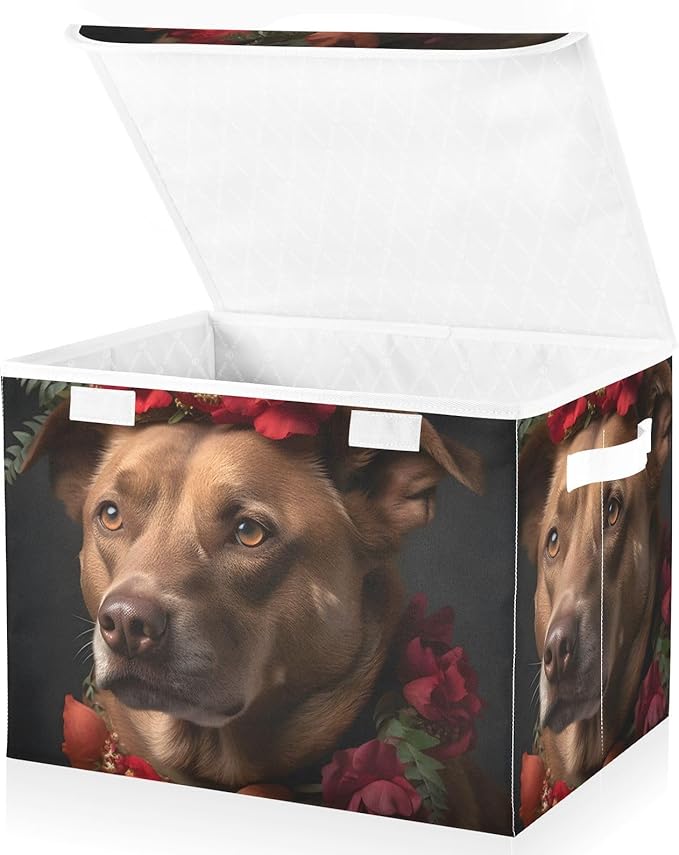 Red Floral Dog Storage Cube with Lid Collapsible Flip-top locker Fabric Storage Bins Basket with Handle for Home Bedroom Closet Office 16.5×12.6×11.8 in