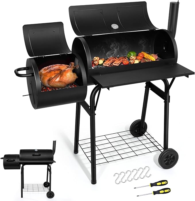 Joyfair Charcoal Grill with Offset Smoker Camping Barbecue Grill with Side Fire Box for Outdoor BBQ Smoking/Backyard Party Grilling Thick Iron Steel &amp Dual Chamber Design Thermometer &amp Chim