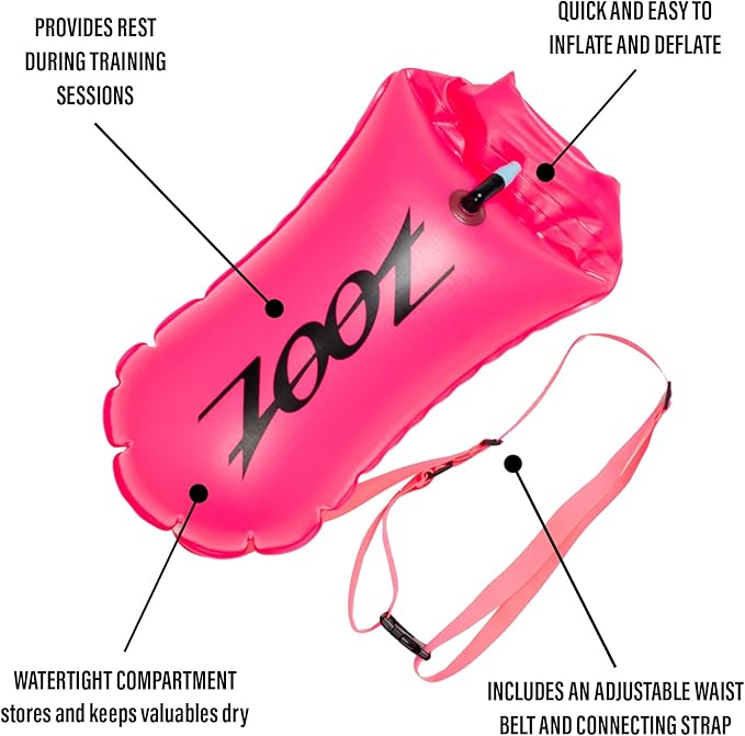 Zoot Ultra Swim Safety Buoy &amp Dry Bag High-Visibility Open-Water Safety Floatation Device with Storage for Long-Distance Swimming Training Sessions (15L) - Neon Pink - 15L