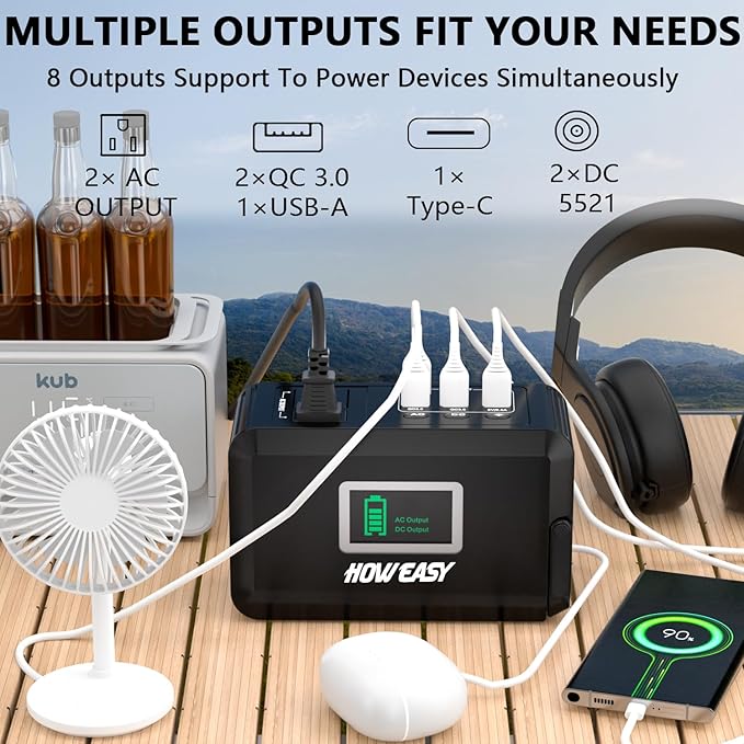 HOWEASY Portable Power Station120W(240W Peak) 24000mAh Camping Solar Generator Portable Power Bank with 2 110V AC Outlet / 2 DC /3 USB QC3.0/LED Flashlight for Home Camping Emergency Backup