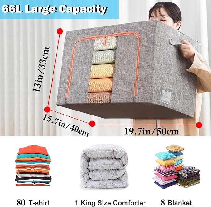 Large Capacity Clothes Storage BagsStackable Storage Organizer with Foldable Metal Frame 2-Way Zipper Handles Clear Window for Clothes Bedding Seasonal Storage (3Pack 66L)