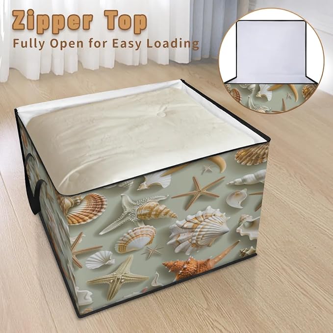 XL Large Clothes Storage with Lid Handle Starfish Large Thick Clothes Blanket Storage Containers for Organizing Bedroom Closet Comforter Tropical Seashells and Scallops