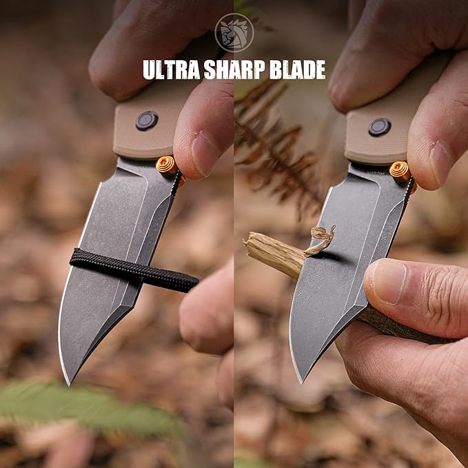 Vosteed Raccoon2.0 Bowie EDC Pocket Knife - 3.25 14C28N Black Stonewash Blade - Top Liner Lock Sand G10 Handle - Surviving Hiking Knives - A2927
