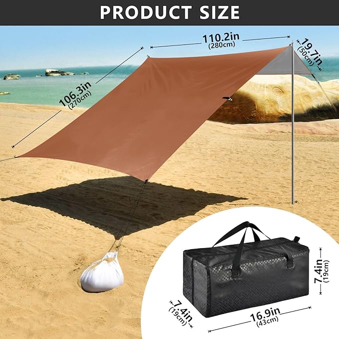 Terracotta Solid Color Pure Plain Beach Tent UPF50 Waterproof Portable Sun Shelter Includes Sand Shovel Sandbags Stability Poles for Camping Picnics Backyard &amp Fishing